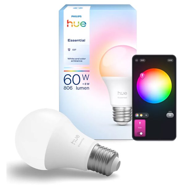 Bombilla inteligente LED Philips Hue Essential A60 E27, 8W (equivalente 60W), 806 Lm, regulable intensidad, White & Color con Bl