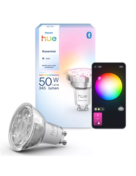 Bombilla inteligente LED Philips Hue Essential GU10, 4,7W 345Lm White & Color Ambiance con bluetooth, regulable intensidad
