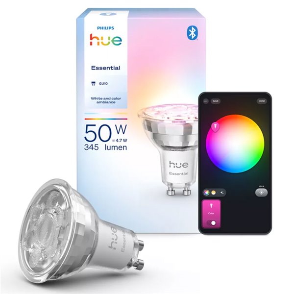 Bombilla inteligente LED Philips Hue Essential GU10, 4,7W 345Lm White & Color Ambiance con bluetooth, regulable intensidad