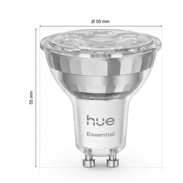 Lâmpada inteligente LED Philips Hue Essential GU10, 4,7 W, 345 lúmens, luz branca e colorida, com Bluetooth, dimerizável.