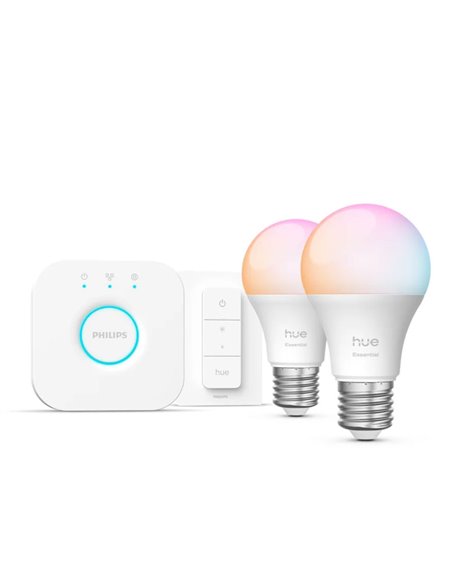 Pack 2 bombillas LED inteligentes STARTER KIT ESSENTIAL A60 E27 806Lm 3W, White & Color + Hue Bridge + Dimmer switch