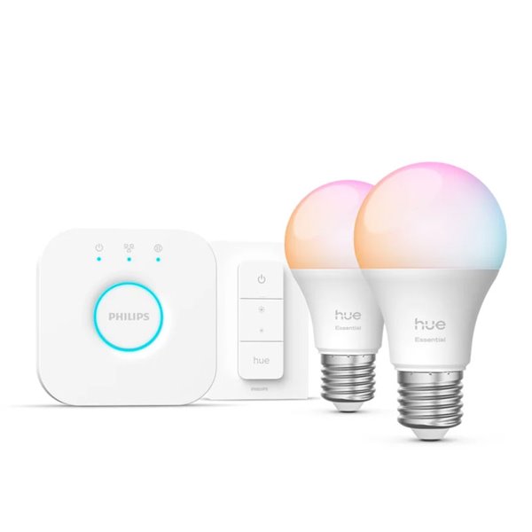 Pack 2 bombillas LED inteligentes STARTER KIT ESSENTIAL A60 E27 806Lm 3W, White & Color + Hue Bridge + Dimmer switch