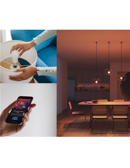 Pack 2 bombillas LED inteligentes STARTER KIT ESSENTIAL A60 E27 806Lm 3W, White & Color + Hue Bridge + Dimmer switch