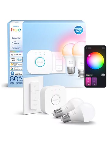 Pack 2 bombillas LED inteligentes STARTER KIT ESSENTIAL A60 E27 806Lm 3W, White & Color + Hue Bridge + Dimmer switch