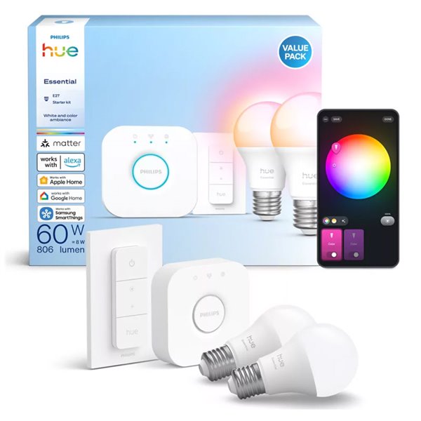 Kit Inicial Essencial com 2 Lâmpadas LED Inteligentes A60 E27 806Lm 3W, Branca e Colorida + Hue Bridge + Interruptor Dimmer