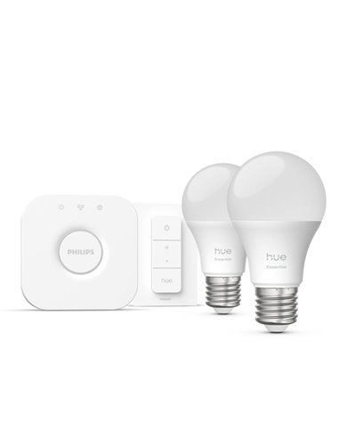 Pack 2 bombillas LED inteligentes STARTER KIT ESSENTIAL A60 E27 806Lm 3W, White & Color + Hue Bridge + Dimmer switch