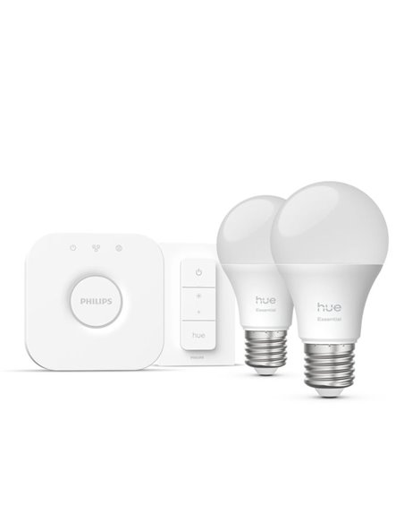 Pack de 2 ampoules LED intelligentes STARTER KIT ESSENTIAL A60 E27 806 lm 3 W, blanc et couleur + pont Hue + variateur