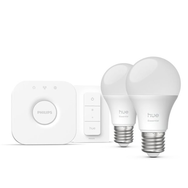Kit Inicial Essencial com 2 Lâmpadas LED Inteligentes A60 E27 806Lm 3W, Branca e Colorida + Hue Bridge + Interruptor Dimmer