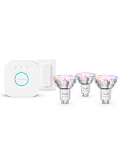 Kit Inicial Essencial com 3 Lâmpadas LED Inteligentes GU10 345Lm 3W (Branca e Colorida) + Hue Bridge + Interruptor Dimmer