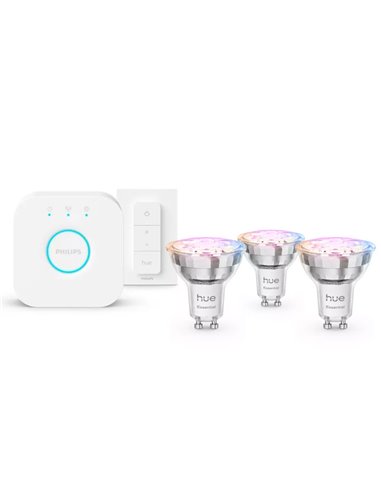 Kit Inicial Essencial com 3 Lâmpadas LED Inteligentes GU10 345Lm 3W (Branca e Colorida) + Hue Bridge + Interruptor Dimmer