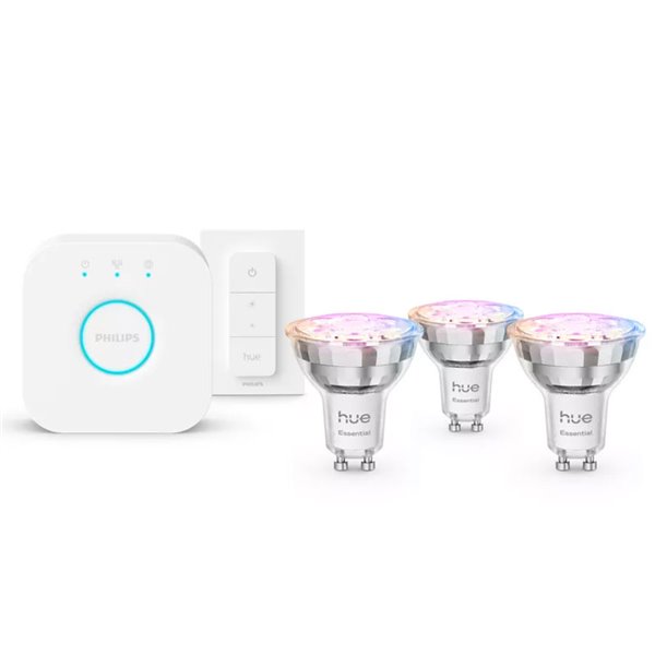 Pack 3 bombillas LED inteligentes STARTER KIT ESSENTIAL GU10 345Lm 3W, White & Color + Hue Bridge + Dimmer switch