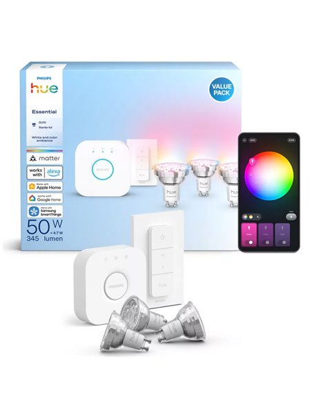 Pack 3 bombillas LED inteligentes STARTER KIT ESSENTIAL GU10 345Lm 3W, White & Color + Hue Bridge + Dimmer switch
