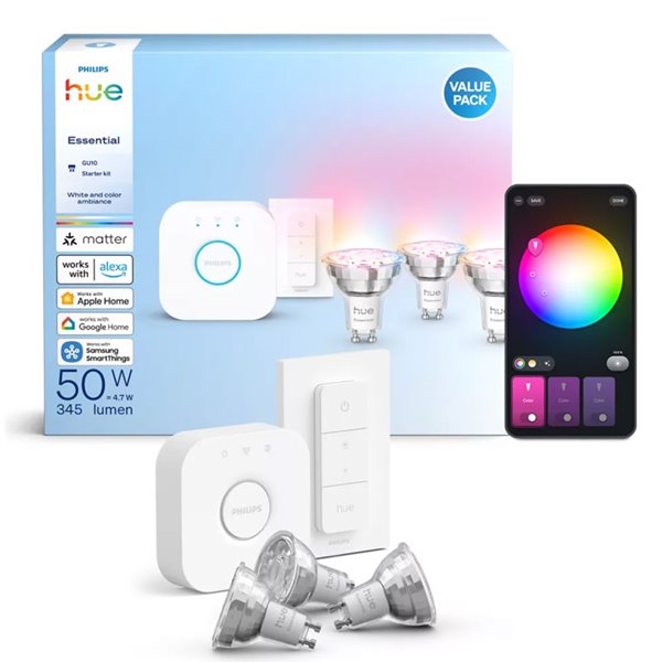 Pack 3 bombillas LED inteligentes STARTER KIT ESSENTIAL GU10 345Lm 3W, White & Color + Hue Bridge + Dimmer switch