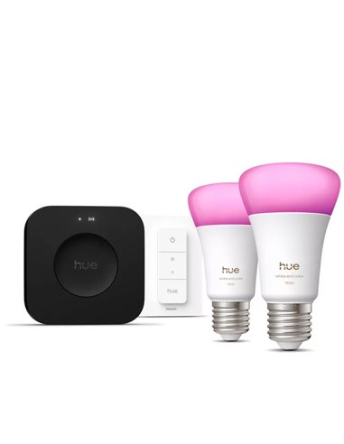 Kit de inicio 2 bombillas LED inteligentes Philips Hue WCA A60 E27 1100Lm White & Color + Hue Bridge Pro + Dimmer Switch 
