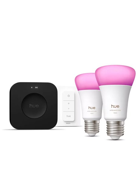 Kit de inicio 2 bombillas LED inteligentes Philips Hue WCA A60 E27 1100Lm White & Color + Hue Bridge Pro + Dimmer Switch 