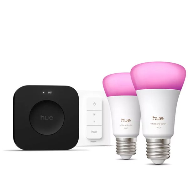 Kit de inicio 2 bombillas LED inteligentes Philips Hue WCA A60 E27 1100Lm White & Color + Hue Bridge Pro + Dimmer Switch 