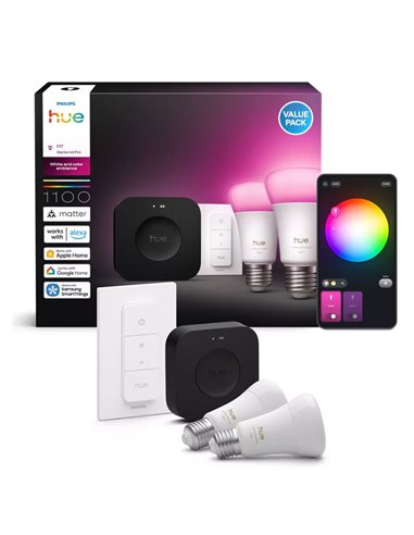 Kit de inicio 2 bombillas LED inteligentes Philips Hue WCA A60 E27 1100Lm White & Color + Hue Bridge Pro + Dimmer Switch 