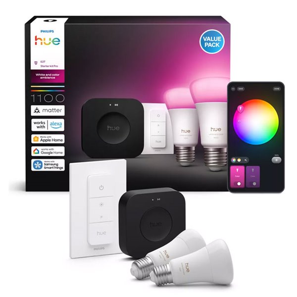 Kit de démarrage d'ampoule LED connectée Philips Hue WCA A60 E27 1100 lm blanche et couleur + pont Hue Pro + variateur