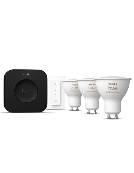 Kit de démarrage d'ampoules connectées Philips Hue WCA GU10 400 lm (3 ampoules, blanche et couleur) + pont Hue Pro + variateur