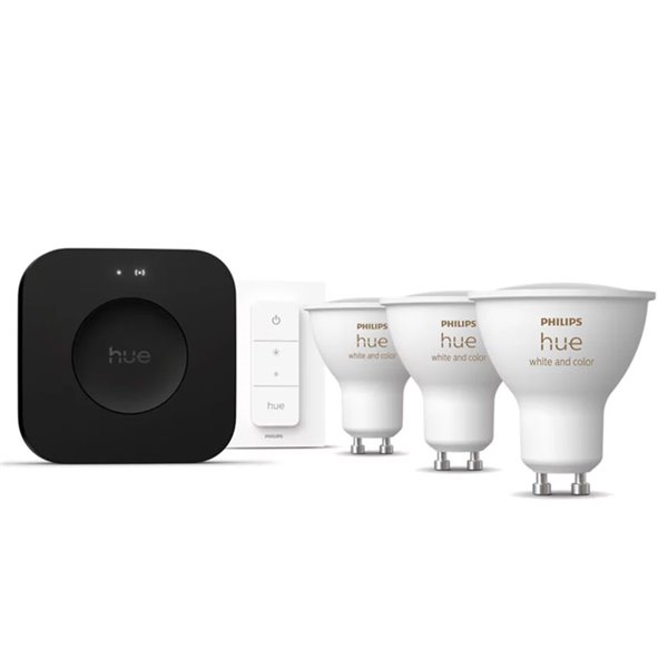 Kit de inicio 3 bombillas inteligentes Philips Hue WCA GU10 400Lm, White & Color + Hue Bridge Pro + Dimmer Switch 