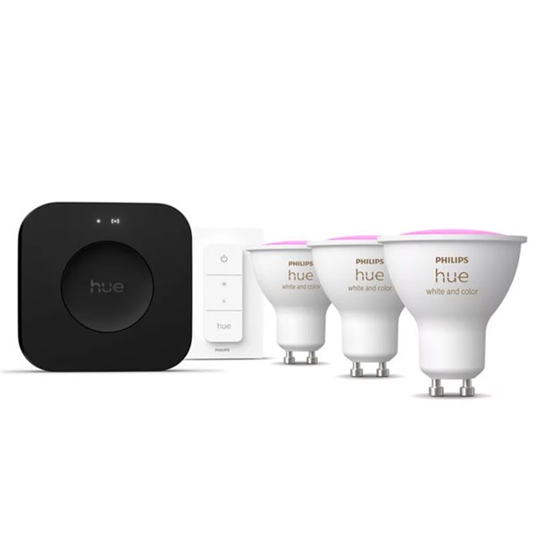 Kit de inicio 3 bombillas inteligentes Philips Hue WCA GU10 400Lm, White & Color + Hue Bridge Pro + Dimmer Switch 