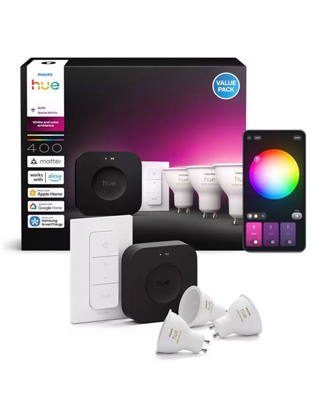 Kit de inicio 3 bombillas inteligentes Philips Hue WCA GU10 400Lm, White & Color + Hue Bridge Pro + Dimmer Switch 