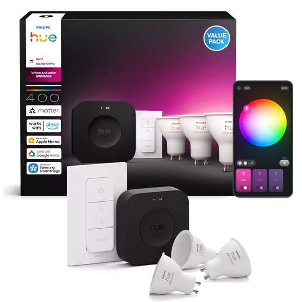 Kit de inicio 3 bombillas inteligentes Philips Hue WCA GU10 400Lm, White & Color + Hue Bridge Pro + Dimmer Switch 