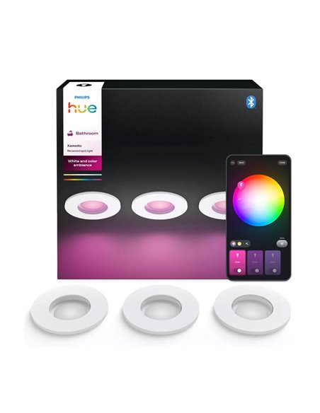 Pack 3 downlight LED empotrable inteligente XAMENTO HUE blanco GU10 4.2W 400Lm, corte Ø70mm, IP44 baño