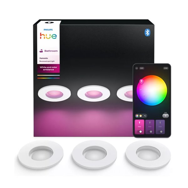 Pack 3 downlight LED empotrable inteligente XAMENTO HUE blanco GU10 4.2W 400Lm, corte Ø70mm, IP44 baño