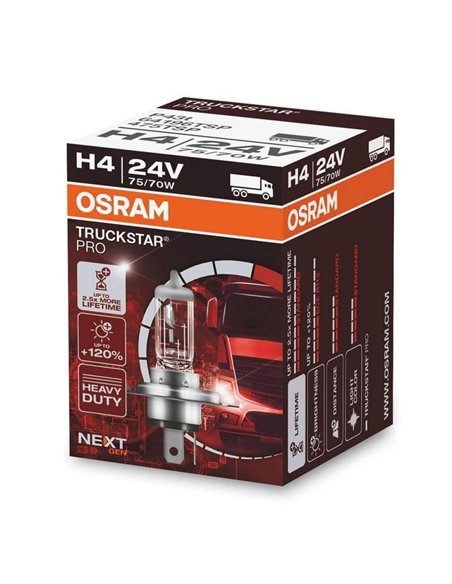 Bombilla halógena H4 TRUCKSTAR PRO 24V +120%, 75/70W 1900/1200Lm, 3200K, 64196TSP