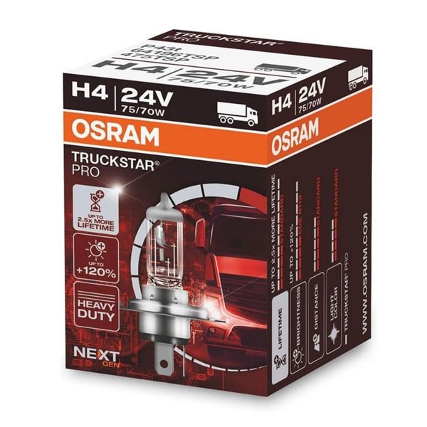 Bombilla halógena H4 TRUCKSTAR PRO 24V +120%, 75/70W 1900/1200Lm, 3200K, 64196TSP