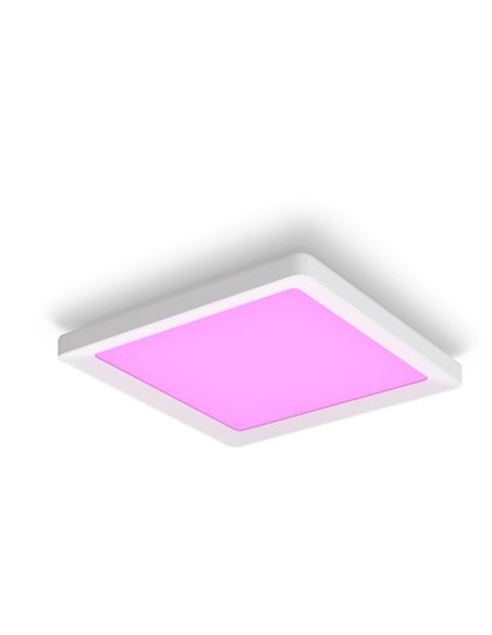Luminária de teto LED quadrada inteligente S TENTO HUE, branca, 10,6 W 1340 lúmens, 30 x 30 cm, ambiente branco e colorido.
