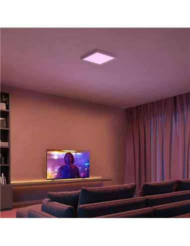 Luminária de teto LED quadrada inteligente S TENTO HUE, branca, 10,6 W 1340 lúmens, 30 x 30 cm, ambiente branco e colorido.
