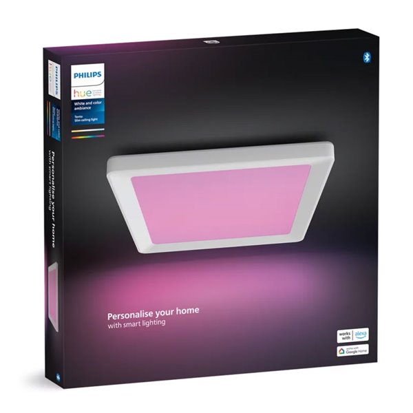 Plafonnier LED carré intelligent S TENTO HUE, blanc, 10,6 W 1340 lm, 30 x 30 cm, ambiance blanche et colorée