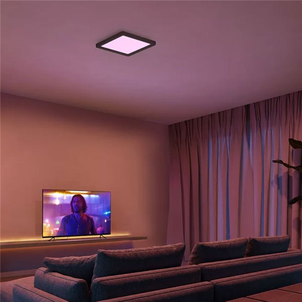 Luminária de teto LED quadrada inteligente S TENTO HUE, preta, 10,6 W 1340 lúmens, 30 x 30 cm, ambiente branco e colorido.