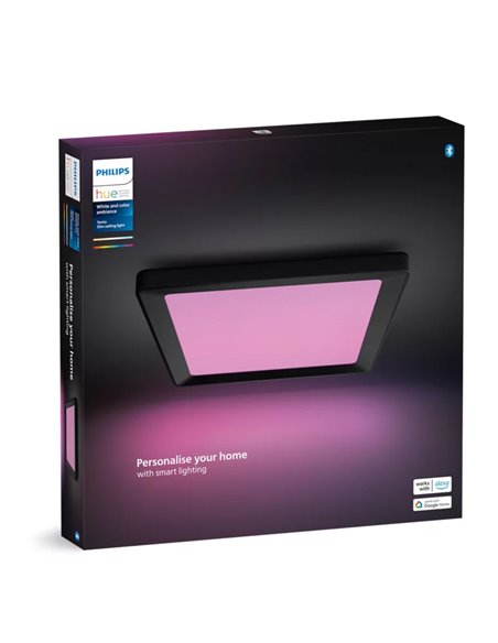 Luminária de teto LED quadrada inteligente S TENTO HUE, preta, 10,6 W 1340 lúmens, 30 x 30 cm, ambiente branco e colorido.