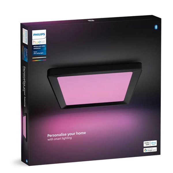 Plafón LED inteligente cuadrado S TENTO HUE negro, 10,6W 1340Lm, 30x30cm White & Colour Ambiance
