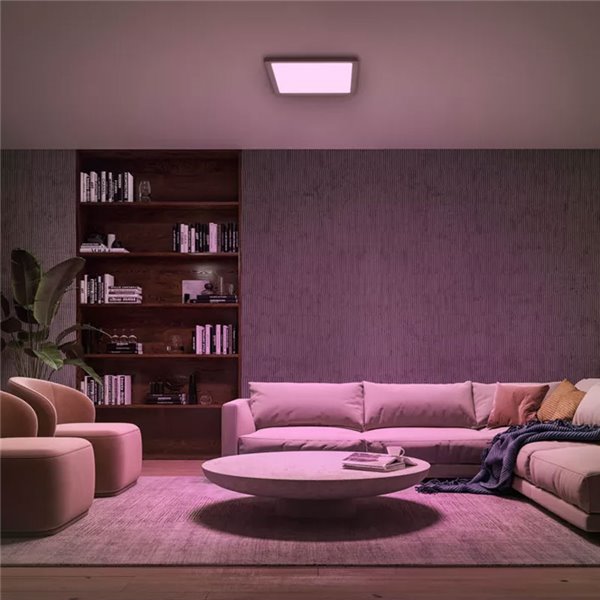 Luminária de teto LED quadrada inteligente M TENTO HUE, branca, 15,4 W 2000 lúmens, 40 x 40 cm, ambiente branco e colorido.