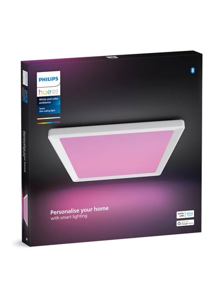 Luminária de teto LED quadrada inteligente M TENTO HUE, branca, 15,4 W 2000 lúmens, 40 x 40 cm, ambiente branco e colorido.