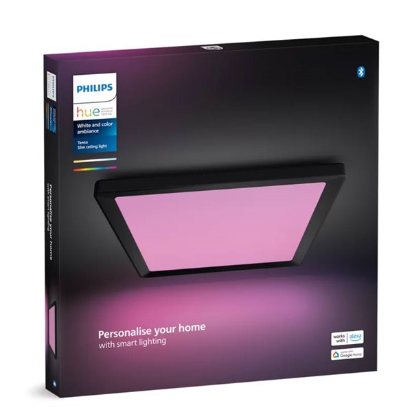 Luminária de teto LED quadrada inteligente M TENTO HUE, preta, 15,4 W 2000 lúmens, 40 x 40 cm, ambiente branco e colorido.