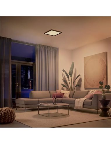 Luminária de teto LED quadrada inteligente M TENTO HUE, preta, 15,4 W, 2000 lúmens, 40 x 40 cm, luz ambiente branca.