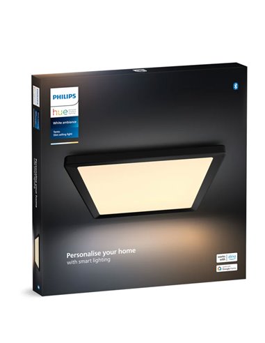 Luminária de teto LED quadrada inteligente M TENTO HUE, preta, 15,4 W, 2000 lúmens, 40 x 40 cm, luz ambiente branca.