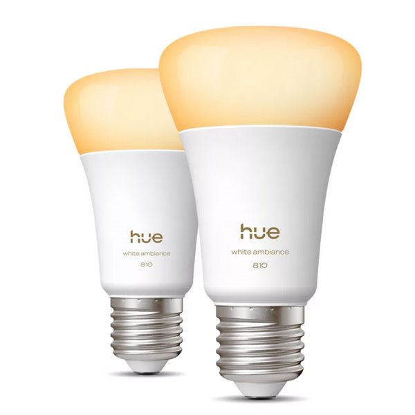 Pacote com 2 lâmpadas inteligentes Hue E27 A60 810Lm, 6W equivalente a 60W, dimerizáveis, luz branca ambiente, controle por voz.