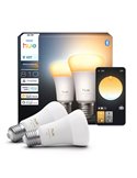 Pack 2 bombillas inteligentes Hue E27 A60 810Lm, 6W equivalente 60W, regulable, White Ambiance, control por voz
