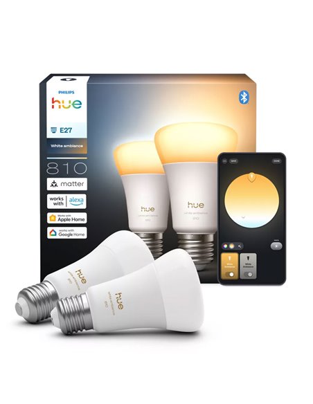 Pack 2 bombillas inteligentes Hue E27 A60 810Lm, 6W equivalente 60W, regulable, White Ambiance, control por voz