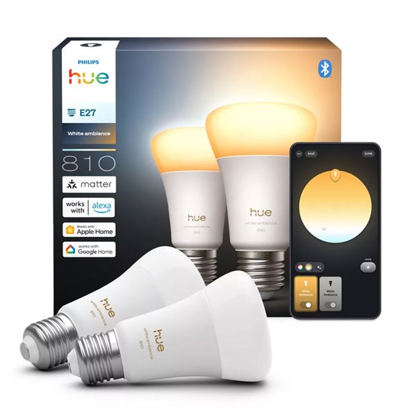 Pack 2 bombillas inteligentes Hue E27 A60 810Lm, 6W equivalente 60W, regulable, White Ambiance, control por voz