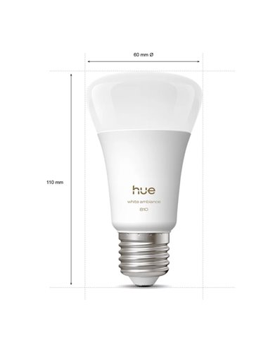 Pack 2 bombillas inteligentes Hue E27 A60 810Lm, 6W equivalente 60W, regulable, White Ambiance, control por voz