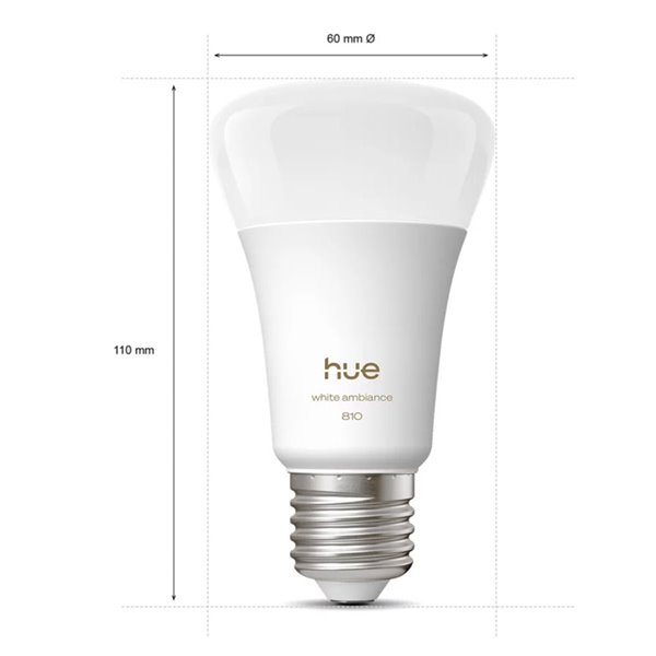 Pack 2 bombillas inteligentes Hue E27 A60 810Lm, 6W equivalente 60W, regulable, White Ambiance, control por voz