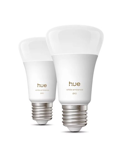 Pacote com 2 lâmpadas inteligentes Hue E27 A60 810Lm, 6W equivalente a 60W, dimerizáveis, luz branca ambiente, controle por voz.