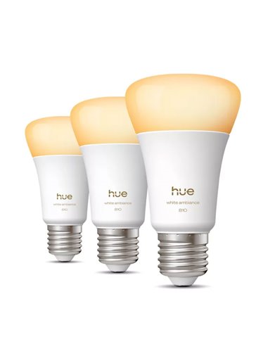 Pack 3 bombillas inteligentes Hue E27 A60 810Lm, 6W equivalente 60W, regulable, White Ambiance, control por voz